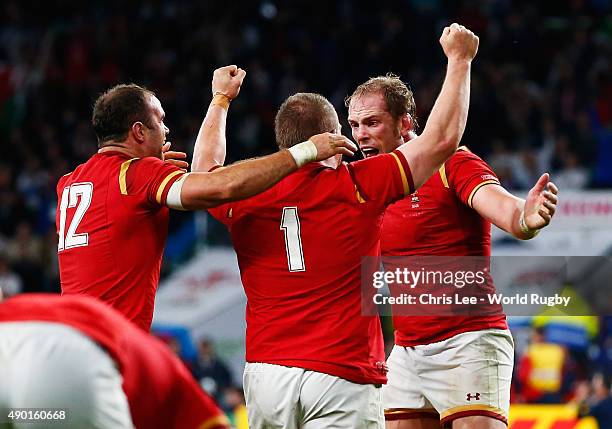 Gethin Jenkins if congratulated by Jamie Roberts and Alun Wyn Jones during the 2015 Rugby World Cup Pool A match between England and Wales at...