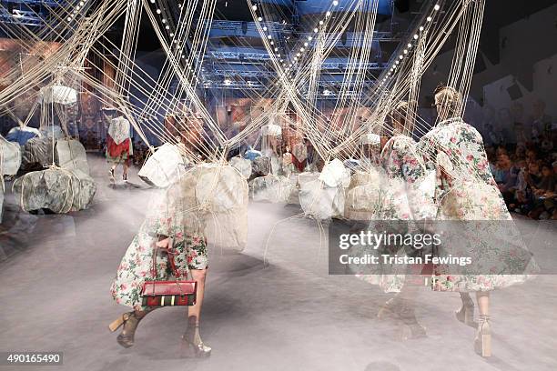 An alternative view of a model walks the runway during Antonio Marras Fashion show as a part of the Milan Fashion Week Spring/Summer 2016 on...