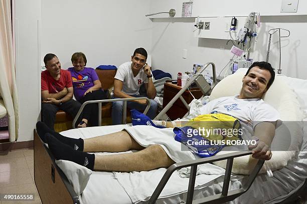 Uruguayan goalkeeper Alexis Viera of Colombia's Depor FC team is seen during an interview with AFP at his room at the Valle del Lili clinic on...