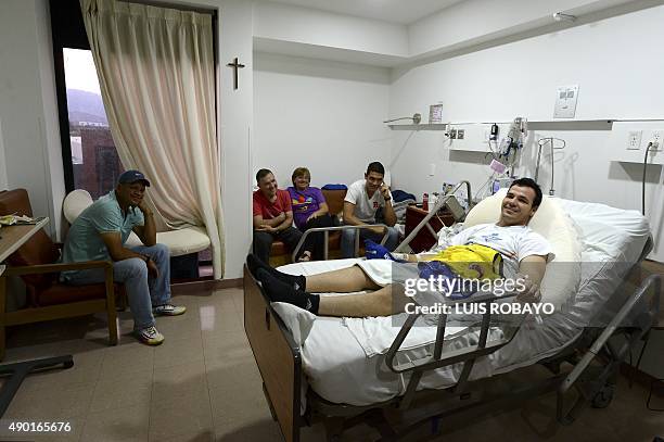 Uruguayan goalkeeper Alexis Viera of Colombia's Depor FC team is seen during an interview with AFP at his room at the Valle del Lili clinic on...