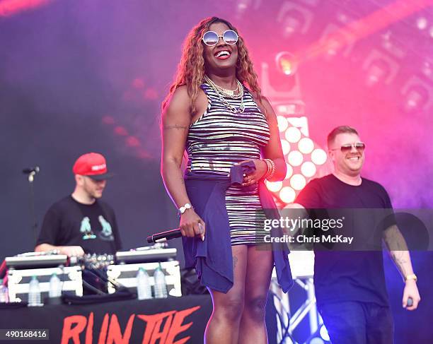 Trackstar The DJ, Gangsta Boo, and El-P perform with Run The Jewels at Music Midtown at Piedmont Park on September 19, 2015 in Atlanta, Georgia.