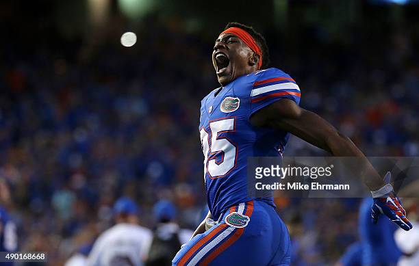 Chris Williamson of the Florida Gators reacts after winning a game against the Tennessee Volunteers at Ben Hill Griffin Stadium on September 26, 2015...