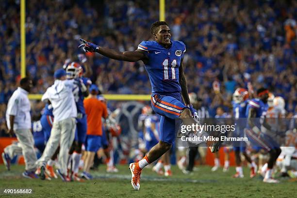 Demarcus Robinson of the Florida Gators reacts after winning a game against the Tennessee Volunteers at Ben Hill Griffin Stadium on September 26,...