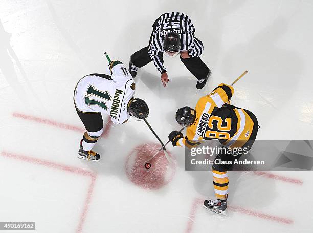 Owen MacDonald of the London Knights takes a faceoff against Juho Lammikko of the Kingston Frontenacs during an OHL game at Budweiser Gardens on...