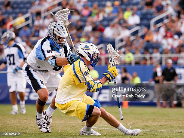 Max Schmidt of the Ohio Machine defends Kieran McArdle of the Florida Launch during the first half of the game at Florida Atlantic University Stadium...