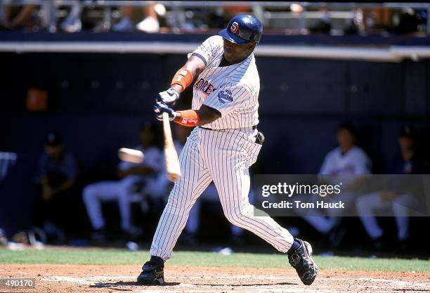 Tony Gwynn of the San Diego Padres hits the ball during the game against the Houston Astros at Qualcomm Stadium in San Diego, California. The Padres...