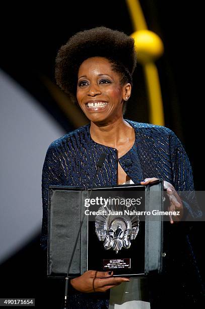 Yordanka Ariosa receives the Silver Shell for Best Actress for the film 'El rey de la Habana ' during the closing ceremony red carpet of 63rd San...
