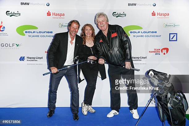 Peter Merck, Klaus Baumgart and his wife Ilona Baumgart attend the Golf Lounge Hamburg 10th anniversary celebrations on September 26, 2015 in...