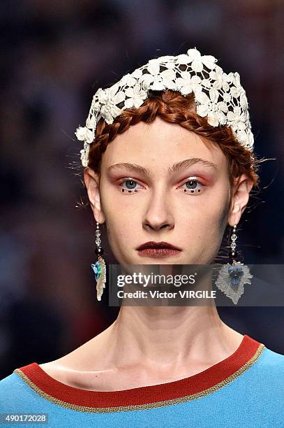 Model walks the runway during the Antonio Marras Ready to Wear fashion show as part of Milan Fashion Week Spring/Summer 2016 on September 26, 2015 in...