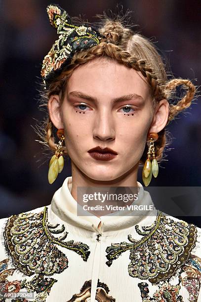 Model walks the runway during the Antonio Marras Ready to Wear fashion show as part of Milan Fashion Week Spring/Summer 2016 on September 26, 2015 in...