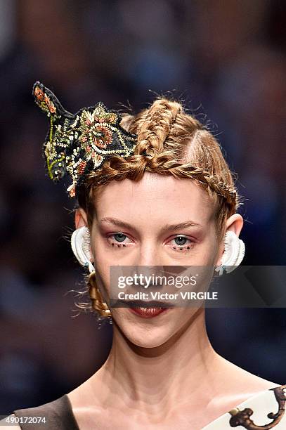 Model walks the runway during the Antonio Marras Ready to Wear fashion show as part of Milan Fashion Week Spring/Summer 2016 on September 26, 2015 in...