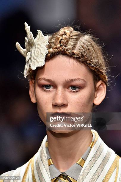 Model walks the runway during the Antonio Marras Ready to Wear fashion show as part of Milan Fashion Week Spring/Summer 2016 on September 26, 2015 in...