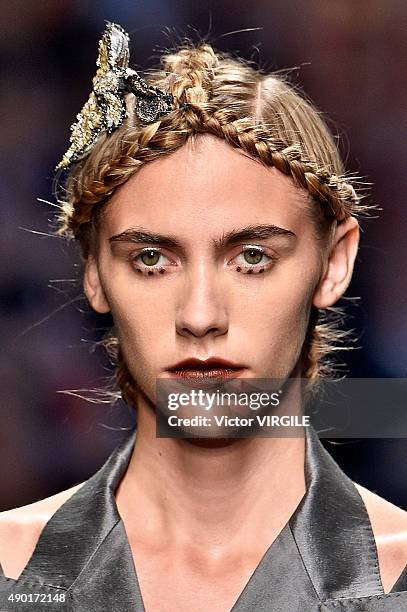 Model walks the runway during the Antonio Marras Ready to Wear fashion show as part of Milan Fashion Week Spring/Summer 2016 on September 26, 2015 in...