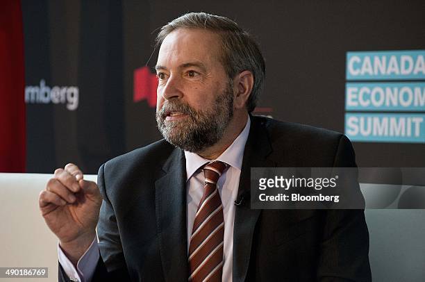 Tom Mulcair, leader of the New Democratic Party, speaks during the Bloomberg Economic Summit in Toronto, Ontario, Canada, on Tuesday, May 13, 2014....