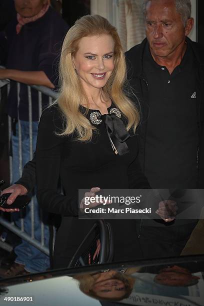 Actress Nicole Kidman is seen leaving the set of the 'Le Grand Journal' TV show on day 1 of the 67th Annual Cannes Film Festival on May 13, 2014 in...