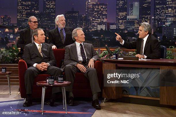 Episode 1883 -- Pictured: Actors James Garner, Donald Sutherland, Tommy Lee Jones, and Clint Eastwood during an interiew with host Jay Lenoon August...
