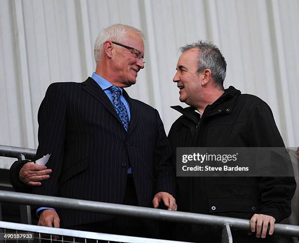 Barry Hearn the Chairman of Leyton Orient talks to professional darts player Phil "The Power" Taylor prior to the Sky Bet League One semi final...