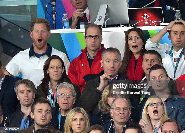 Prince Harry, Prince William, Duke of Cambridge and Catherine; Duchess of Cambridge attend the England v Wales match during the Rugby World Cup 2015...