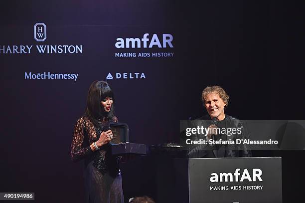 Naomi Campbell and Renzo Rosso are seen at amfAR Milano 2015 at La Permanente on September 26, 2015 in Milan, Italy.