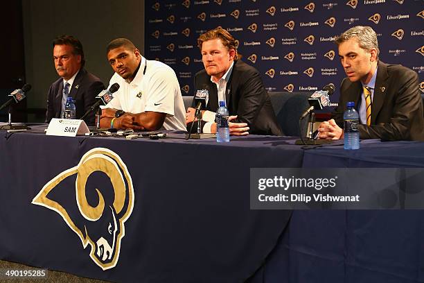 St. Louis Rams head coach Jeff Fischer, draft pick Michael Sam, general manager Les Snead and chief operating officer Kevin Demoff address the media...