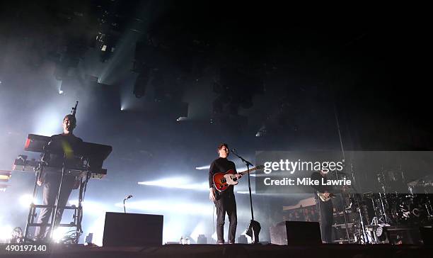 Gus Unger-Hamilton, Joe Newman, Cameron Knight and Thom Green of Alt-J perform onstage during day two of the Boston Calling Music Festival at Boston...