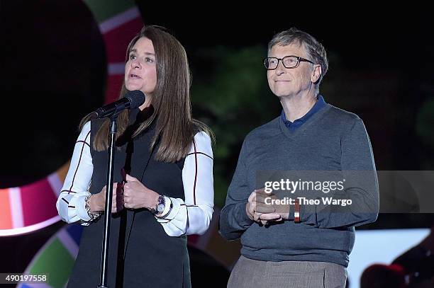 Business people Melinda Gates and Bill Gates speak on stage at the 2015 Global Citizen Festival to end extreme poverty by 2030 in Central Park on...