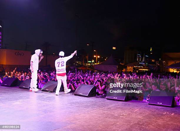 Rappers Ab-Soul and Gionardo Burg perform onstage during day 2 of the 2015 Life is Beautiful festival on September 26, 2015 in Las Vegas, Nevada.