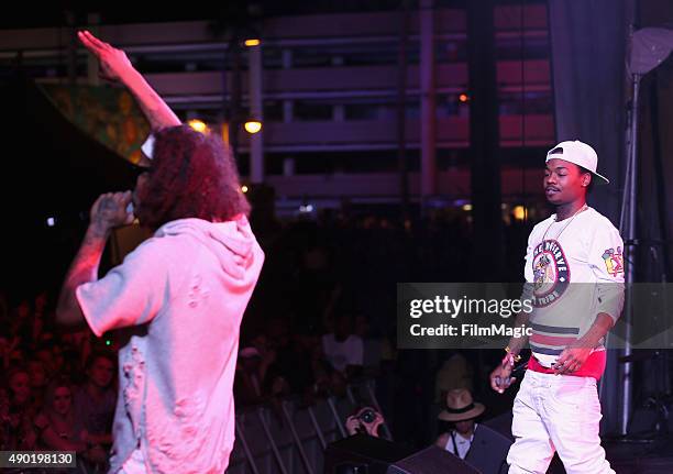 Rappers Ab-Soul and Gionardo Burg perform onstage during day 2 of the 2015 Life is Beautiful festival on September 26, 2015 in Las Vegas, Nevada.