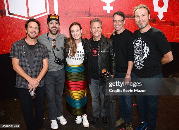 Eddie Vedder, Jason Sudeikis, Olivia Wilde, Mike McCready, Stone Gossard and Jeff Ament attend 2015 Global Citizen Festival to end extreme poverty by...