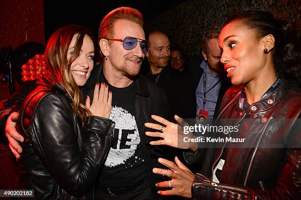 Olivia Wilde, Bono and Kerry Washington attend 2015 Global Citizen Festival to end extreme poverty by 2030 in Central Park on September 26, 2015 in...