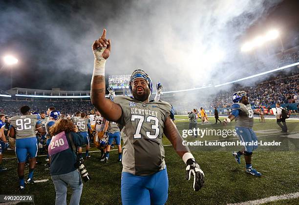 Kentucky offensive tackle Kyle Meadows celebrates a 21-13 win against Missouri on Saturday, Sept. 26 at Commonwealth Stadium in Lexington, Ky....