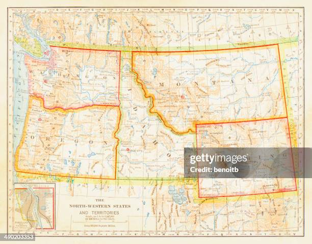 ilustraciones, imágenes clip art, dibujos animados e iconos de stock de 1883 north oeste de estados unidos mapa - wyoming