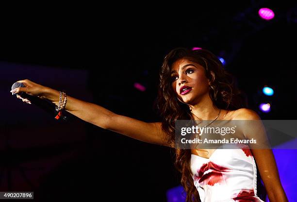 Actress and singer Zendaya performs onstage at the Barbie Rock 'N Royals Concert Experience at the Hollywood Palladium on September 26, 2015 in Los...