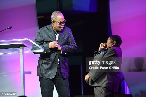 Singer/songwriter Sam Moore and actor Emmanuel Lewis onstage at Georgia Music Hall Of Fame Awards at Georgia World Congress Center on September 26,...