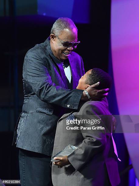 Singer/songwriter Sam Moore and actor Emmanuel Lewis onstage at Georgia Music Hall Of Fame Awards at Georgia World Congress Center on September 26,...