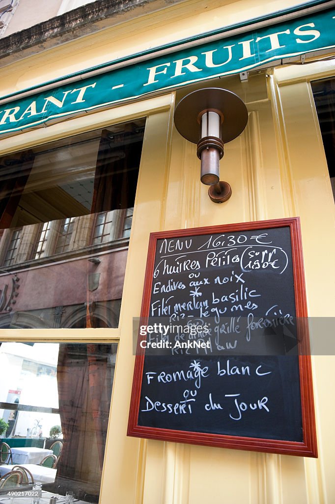Chalkboard with typical choice of dishes in Lyon