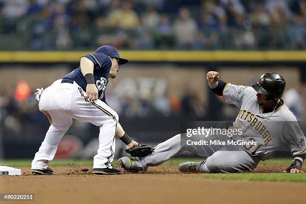 Scooter Gennett of the Milwaukee Brewers tags out Jose Tabata of the Pittsburgh Pirates as he tries stealing second base during the top of the second...