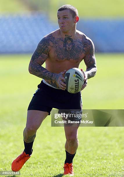 Todd Carney in action during a Cronulla Sharks NRL training session at Remondis Stadium on May 14, 2014 in Sydney, Australia.