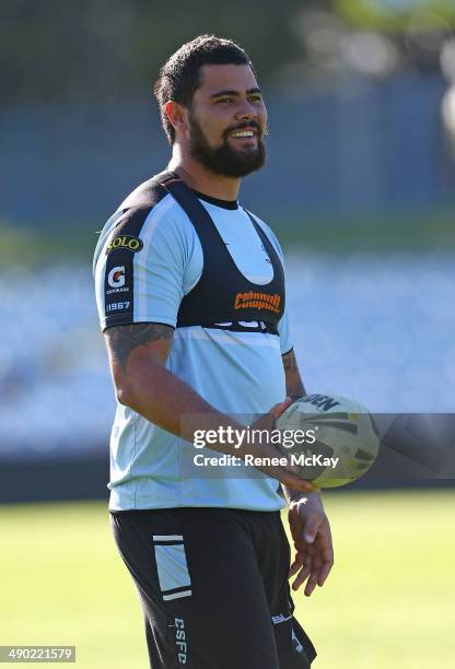 David Fifita smiles during a Cronulla Sharks NRL training session at Remondis Stadium on May 14, 2014 in Sydney, Australia.