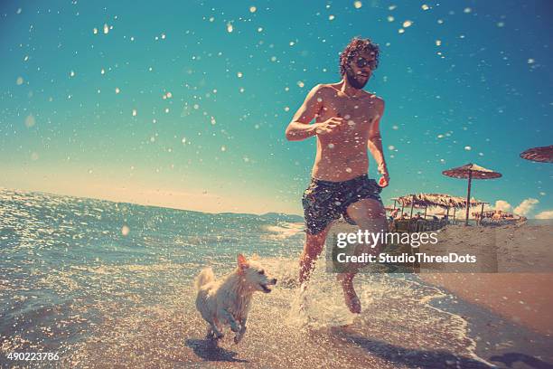 mann läuft mit seinem hund am strand - fun holidays beach stock-fotos und bilder