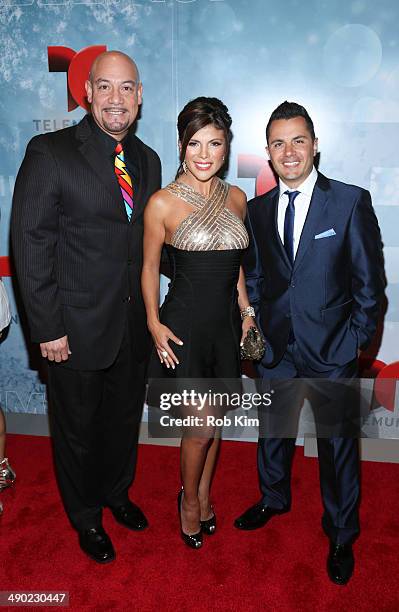 Edgar Lopez, Mirella Grisales and Karim Mendiburu attend the 2014 Telemundo Upfront at Frederick P. Rose Hall, Jazz at Lincoln Center on May 13, 2014...