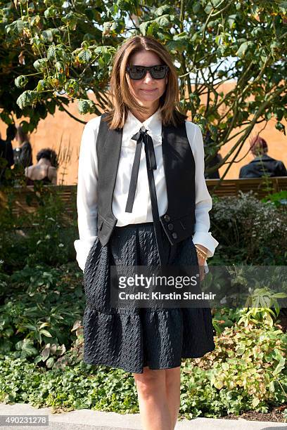Founder of Net-A-Porter Natalie Massenet wears a Chloe top and Erdem shirt on day 3 during London Fashion Week Spring/Summer 2016/17 on September 20,...