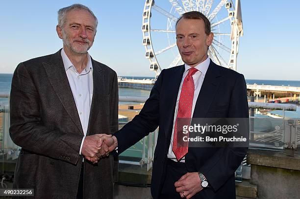 Labour Leader Jeremy Corbyn is greeted by Andrew Marr before an appearance on The Andrew Marr show ahead of the Labour Party Autumn Conference on...