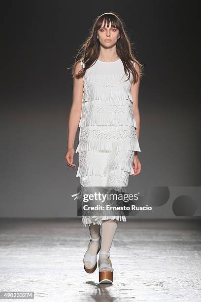 Model walks the runway during the Alberto Zambelli fashion show as part of Milan Fashion Week Spring/Summer 2016 on September 27, 2015 in Milan,...