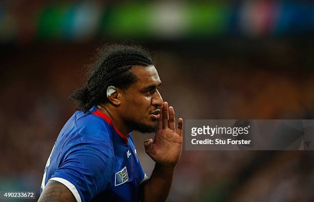 Filo Paulo of Somoa reacts during the 2015 Rugby World Cup Pool B match between South Africa and Samoa at Villa Park on September 26, 2015 in...