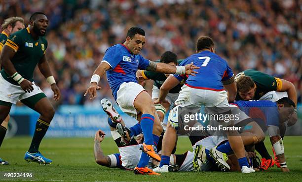 Kahn Fotuali'l of Samoa in action during the 2015 Rugby World Cup Pool B match between South Africa and Samoa at Villa Park on September 26, 2015 in...