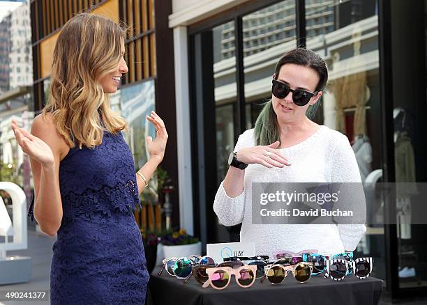 Linda Hammond creator of Key Australia with host Renee Bargh as EXTRA shows off the latest Spring/Summer Sunglass trends at Westfield Century City on...