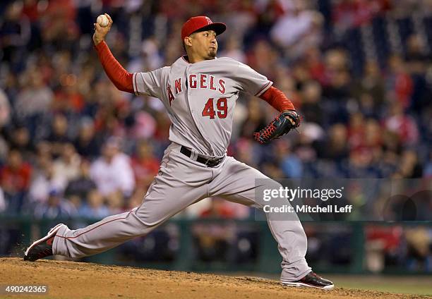Pitcher Ernesto Frieri of the Los Angeles Angels of Anaheim throws a pitch in the bottom of the ninth inning against the Philadelphia Phillies on May...