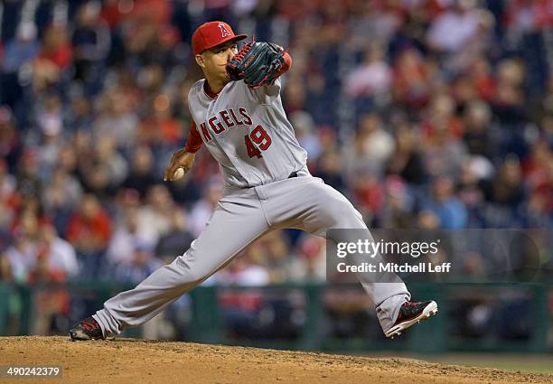 Pitcher Ernesto Frieri of the Los Angeles Angels of Anaheim throws a pitch in the bottom of the ninth inning against the Philadelphia Phillies on May...