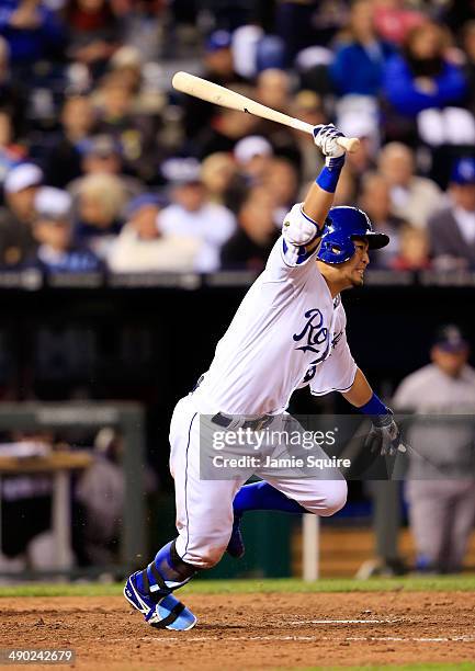 Norichika Aoki of the Kansas City Royals bats during the game against the Colorado Rockies at Kauffman Stadium on May 13, 2014 in Kansas City,...